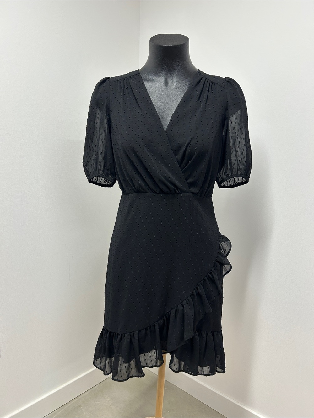 Express Black Swiss-Dot Wrap Ruffle Mini Dress